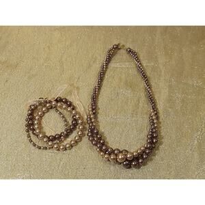 Vintage Roman Brown Triple Strand Torsade Faux Pearl Necklace & Bracelet Set